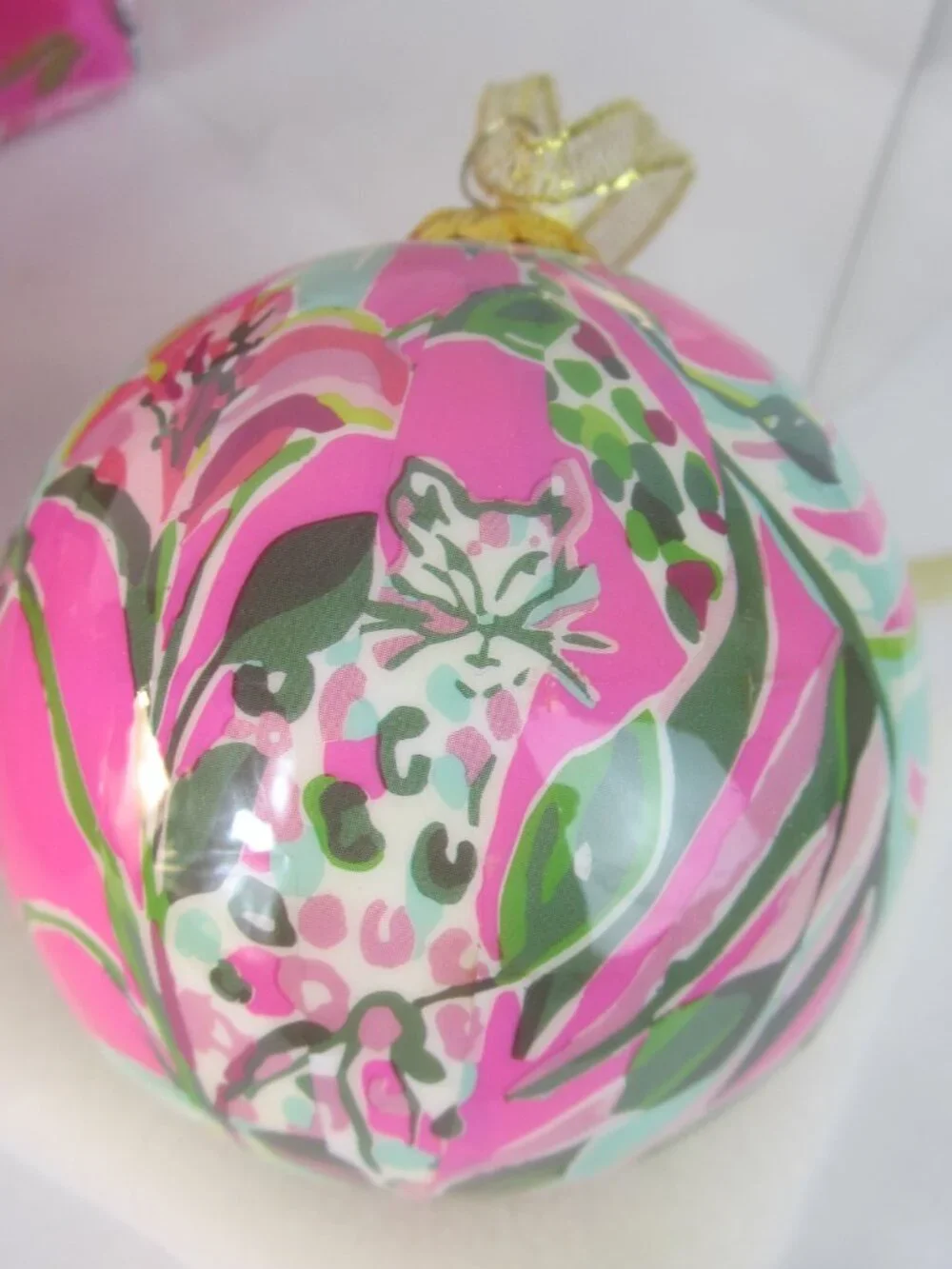 Lilly Pulitzer Green Pink Ornament Set 2 Pack Box Cheetah Jaguar Decor Holiday